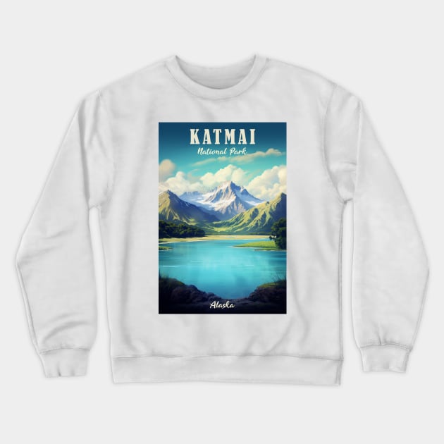 Katmai National Park Travel Poster Crewneck Sweatshirt by GreenMary Design